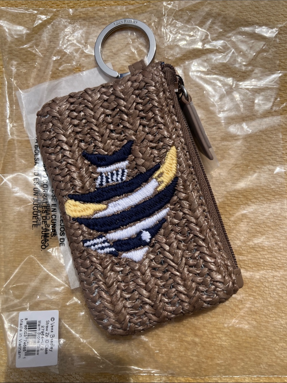 Vera Bradley Brown Straw Woven ID Key Pouch with Nautical Fish Print retired NWT